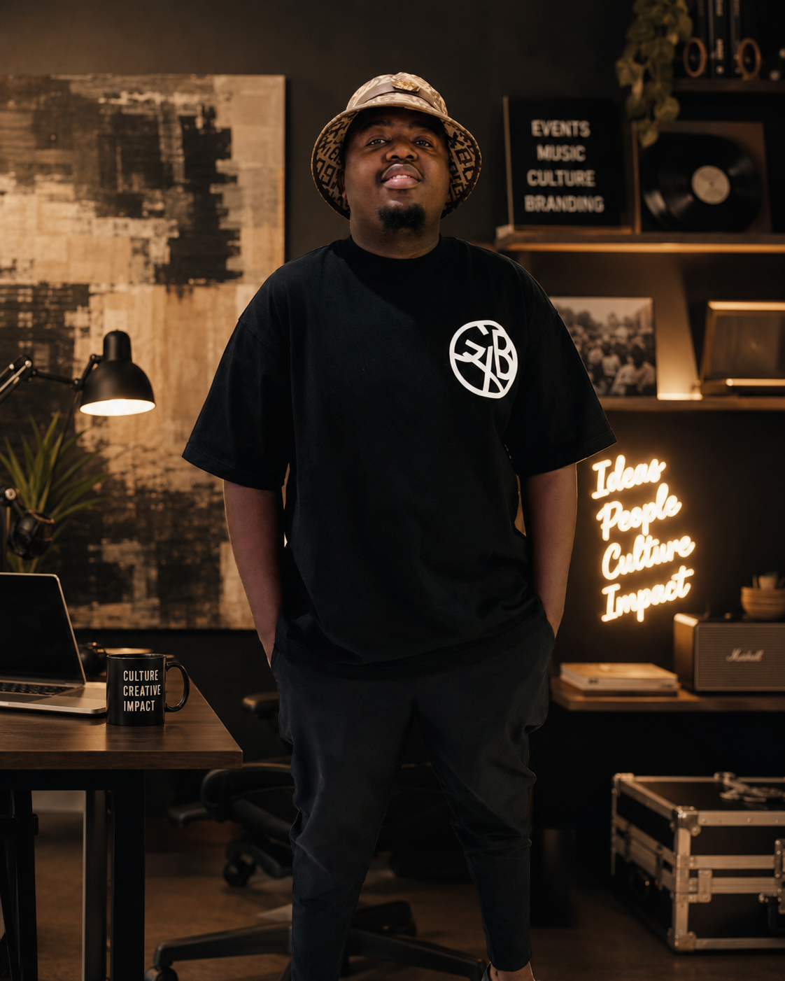 Boxer Ngwenya, founder of Which Way Agency, standing in his studio
